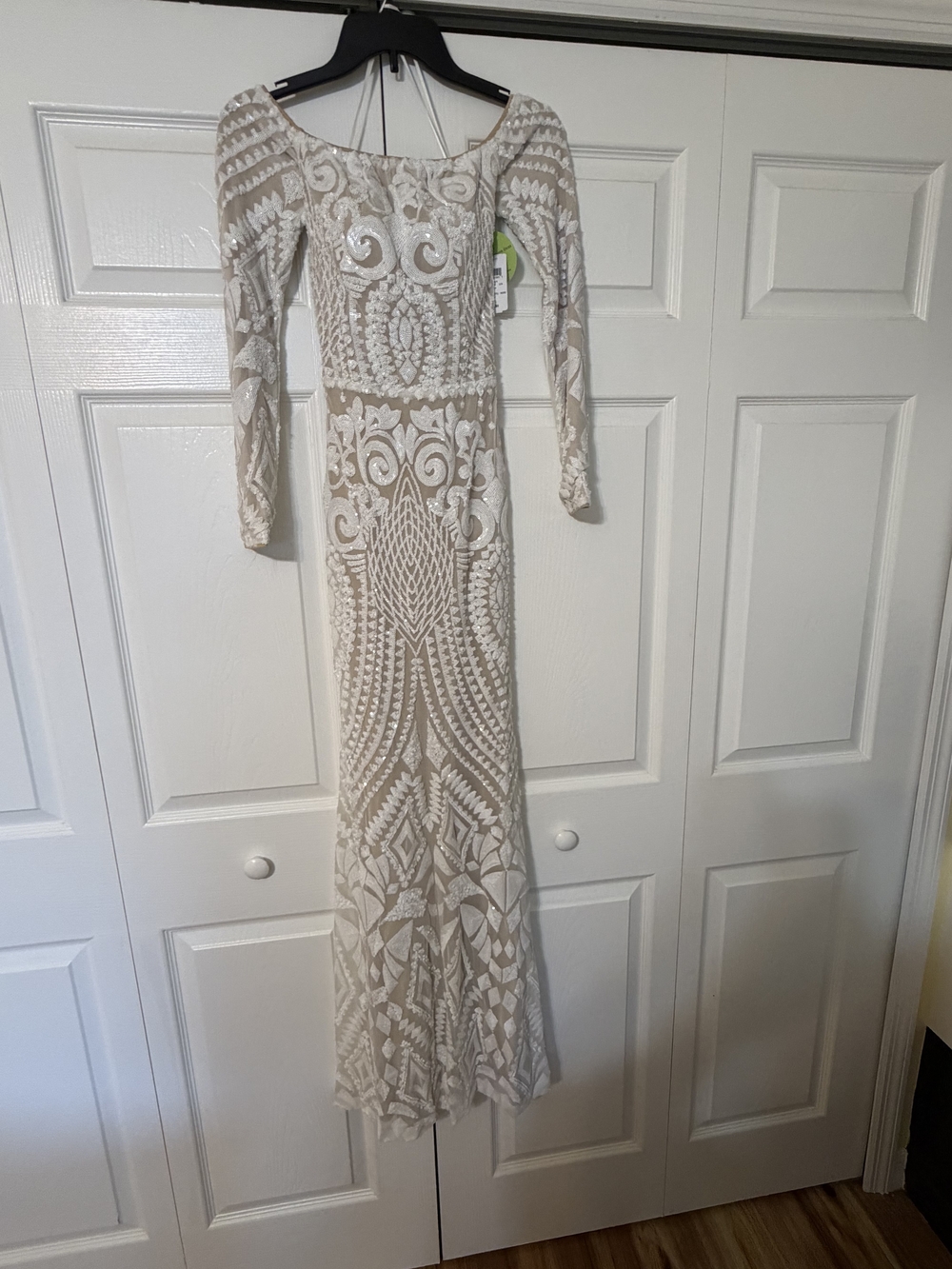 Windsor Long-Sleeve Beaded Illusion Gown - White on Cream